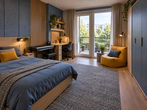 AI concept of a bedroom opening towards full-height glazed doors, with blue cabinetry and mustard accents