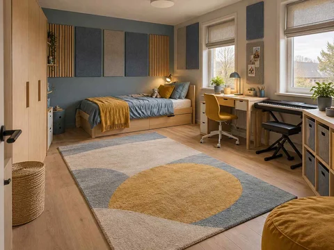 AI concept of a bedroom with a central rug and open floor space for play, with blue cabinetry and mustard accents