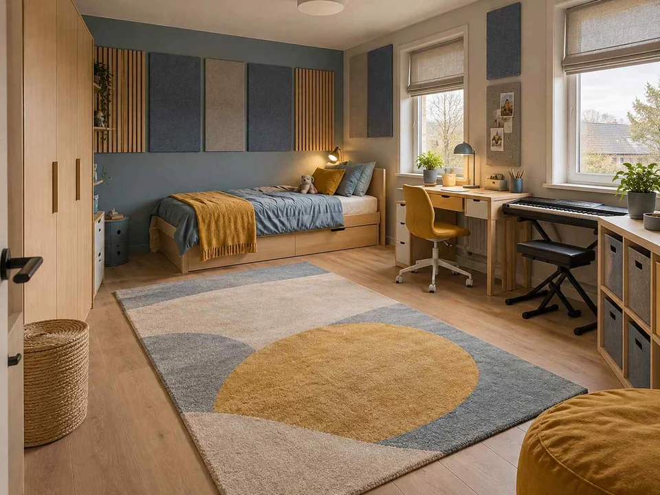 AI concept of a bedroom with a central rug and open floor space for play, with blue cabinetry and mustard accents