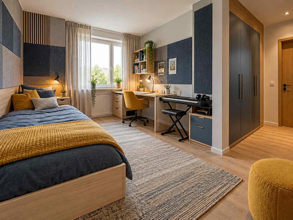AI concept of a bedroom with a study desk and storage beside the sleeping area, with blue cabinetry and mustard accents