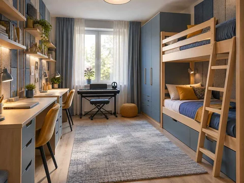 AI concept of bunk beds alongside study furniture and storage, with blue cabinetry and mustard accents