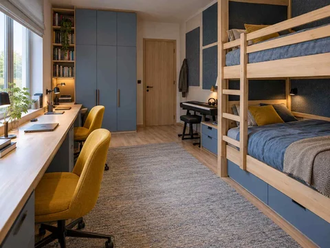AI concept of bunk beds paired with bookshelves and study space, with blue cabinetry and mustard accents
