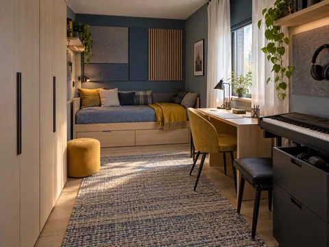AI concept of a compact bedroom combining a bed, desk and storage, with blue cabinetry and mustard accents