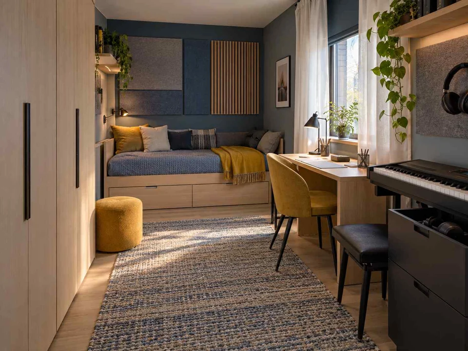 AI concept of a compact bedroom combining a bed, desk and storage, with blue cabinetry and mustard accents