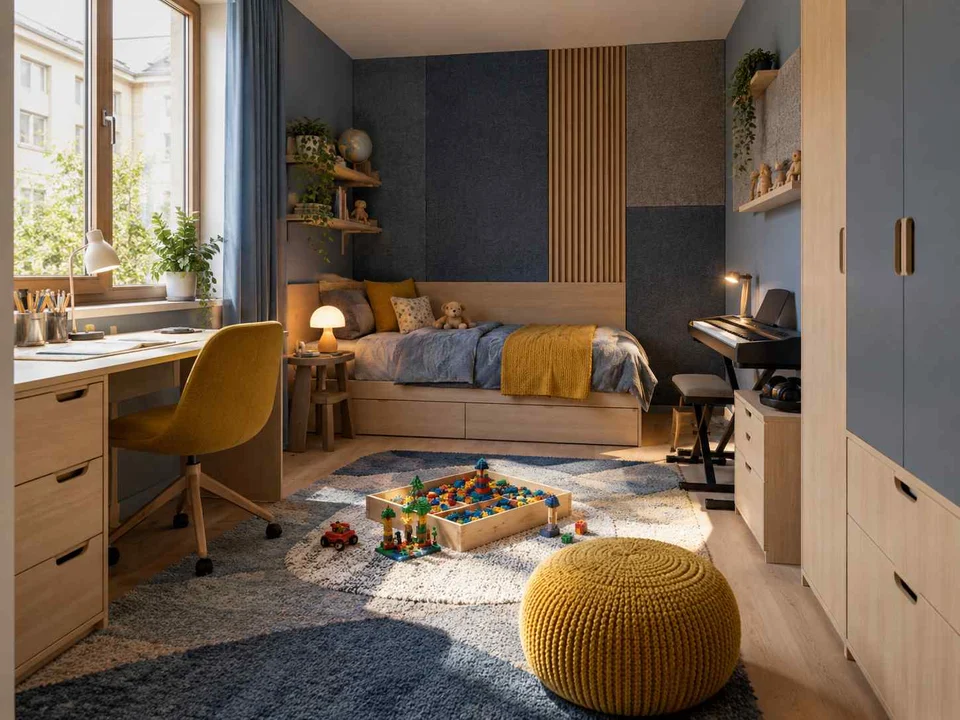 AI concept of a daylit bedroom with space for floor play, with blue cabinetry and mustard accents