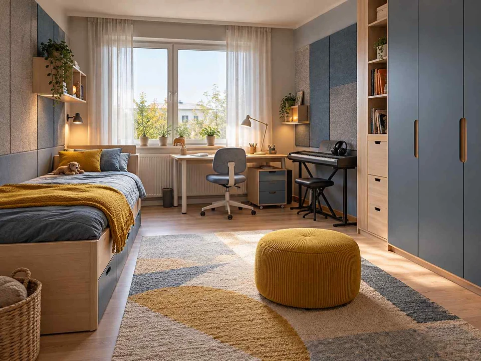 AI concept of a bedroom with a bed, study desk and open central floor space, with blue cabinetry and mustard accents