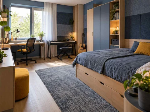 AI concept of a bedroom combining low storage with taller cabinetry or shelving, with blue cabinetry and mustard accents