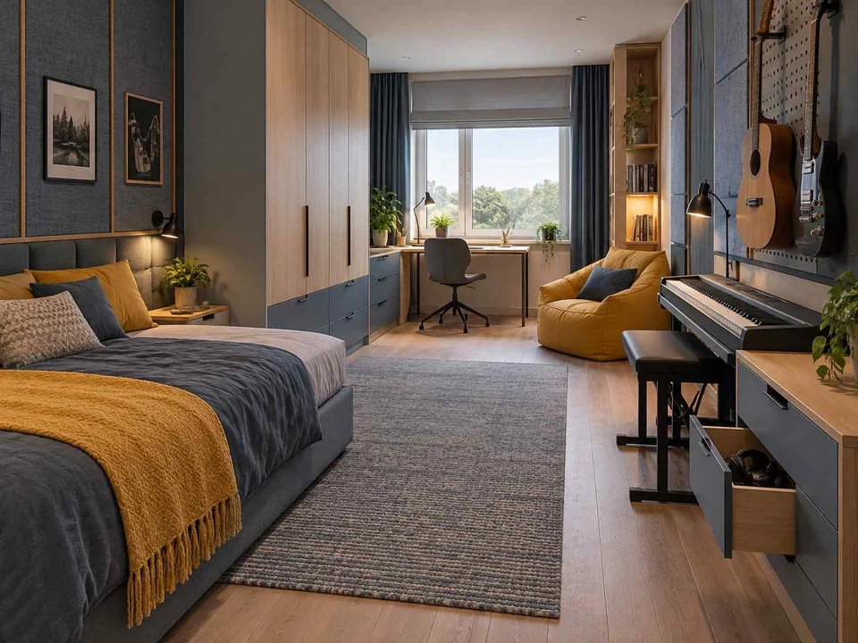 AI concept of a long bedroom with sleeping and study areas arranged along its length, with blue cabinetry and mustard accents