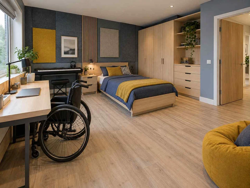 AI concept of a bedroom with an open central floor area and furniture arranged around its edges, with blue cabinetry and mustard accents