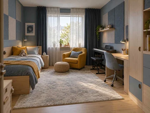 AI concept of a bedroom arranged around sleep, storage and a small sitting area, with blue cabinetry and mustard accents