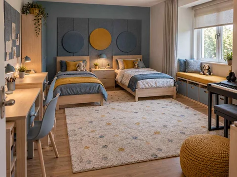AI concept of a shared bedroom with twin sleeping areas and daylight from the window side, with blue cabinetry and mustard accents