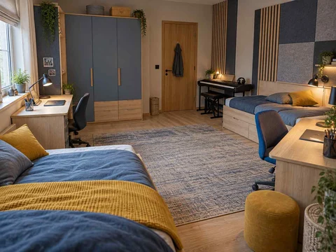 AI concept of a shared bedroom with two sleeping areas and desk space, with blue cabinetry and mustard accents