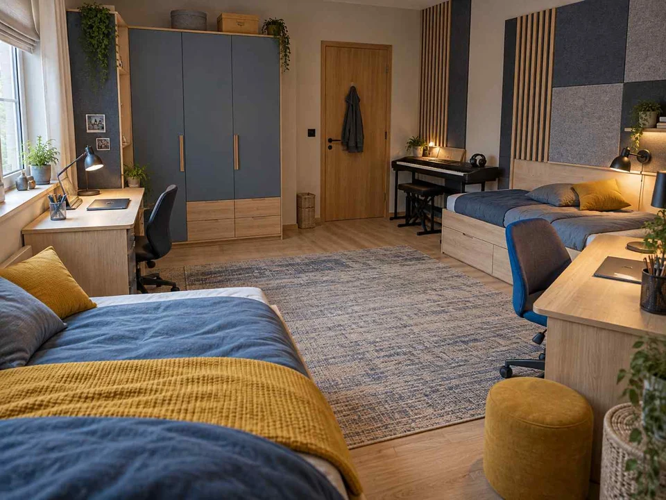 AI concept of a shared bedroom with two sleeping areas and desk space, with blue cabinetry and mustard accents
