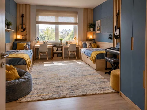 AI concept of two beds arranged around a shared central floor area, with blue cabinetry and mustard accents