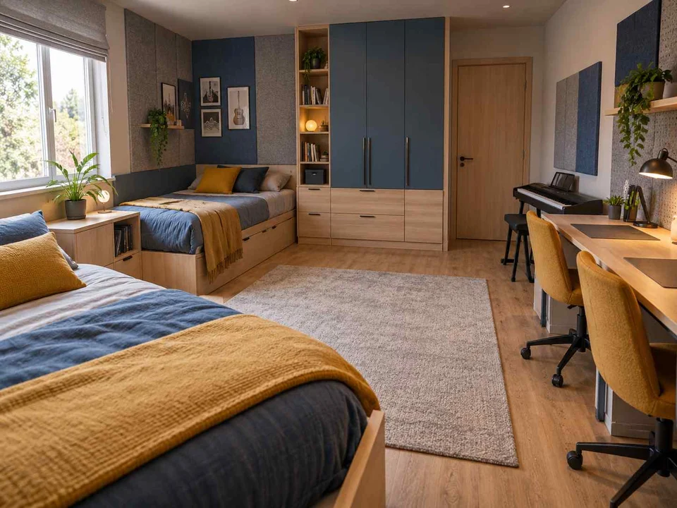 AI concept of a shared bedroom with two sleeping areas and study furniture, with blue cabinetry and mustard accents