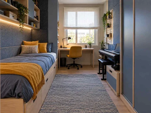 AI concept of a small bedroom with a bed, study furniture and integrated storage, with blue cabinetry and mustard accents