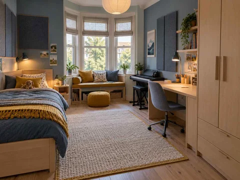 AI concept of a bedroom with a window-side seating area, with blue cabinetry and mustard accents