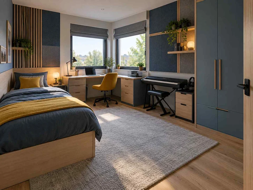 AI concept of a bedroom with a desk positioned near a window, with blue cabinetry and mustard accents