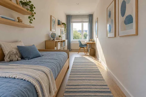 AI concept: a narrow bedroom with a single bed, long runner and window desk