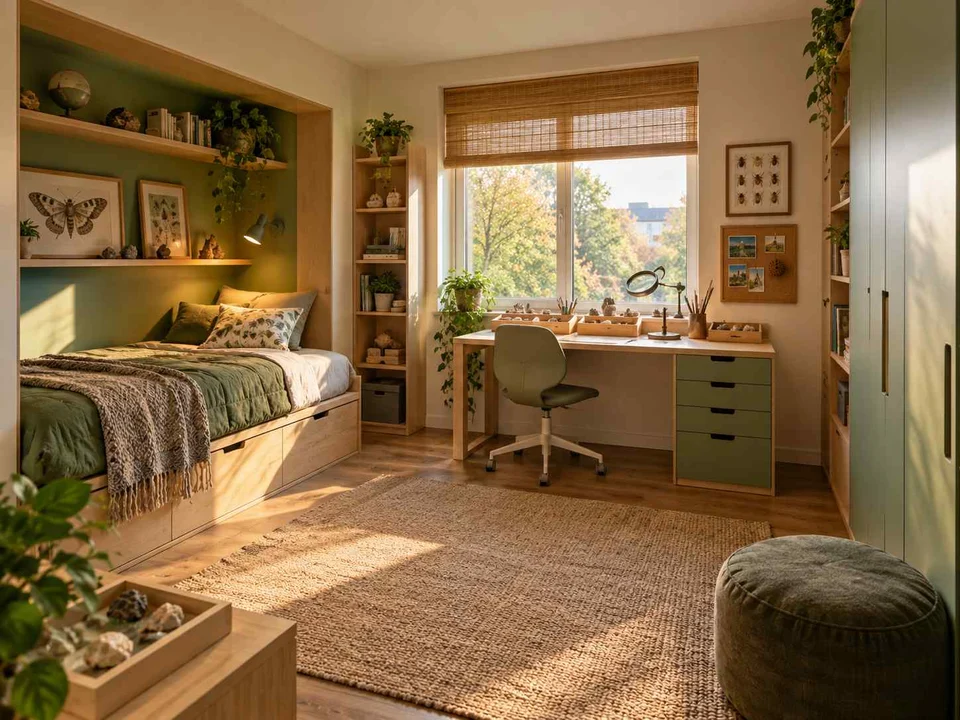 AI concept of a bedroom with a recessed sleeping area and a separate desk, with green furniture accents and nature-themed displays