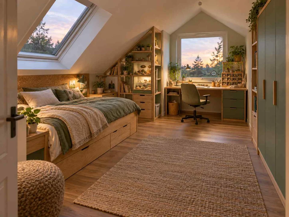 AI concept of a bedroom beneath a sloping ceiling with a bed and desk, with green furniture accents and nature-themed displays