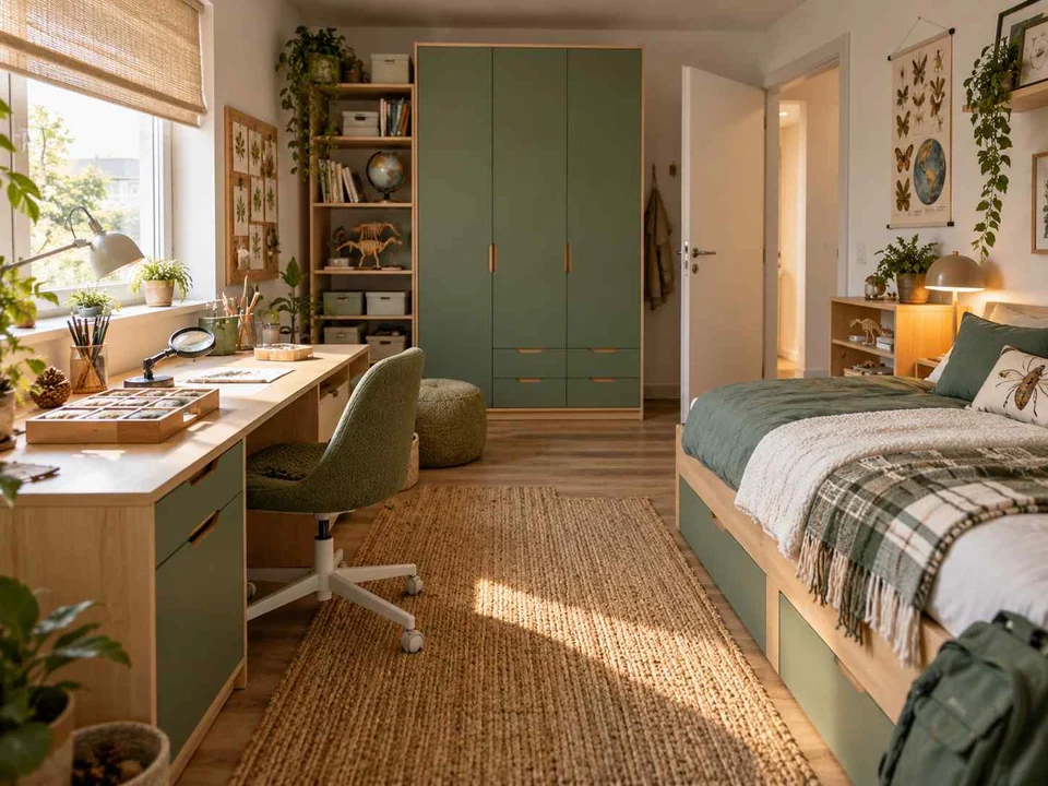 AI concept of a bedroom arranged with a bed, desk and storage furniture, with green furniture accents and nature-themed displays