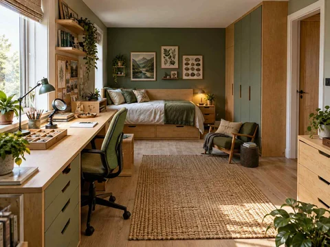 AI concept of a bedroom with desk space, task lighting and nearby storage, with green furniture accents and nature-themed displays