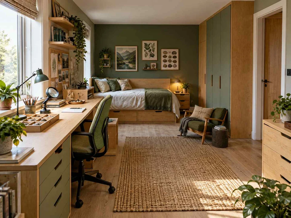 AI concept of a bedroom with desk space, task lighting and nearby storage, with green furniture accents and nature-themed displays