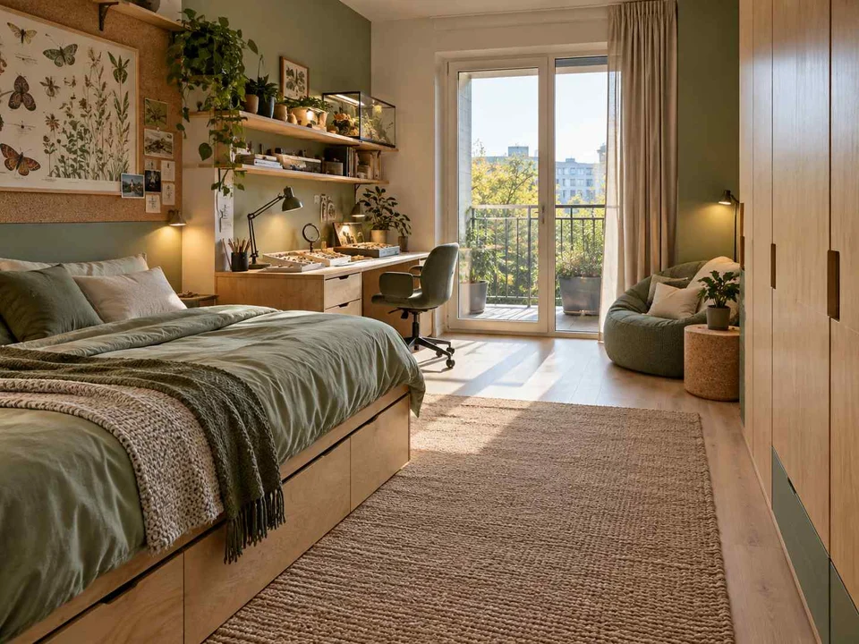 AI concept of a bedroom opening towards full-height glazed doors, with green furniture accents and nature-themed displays