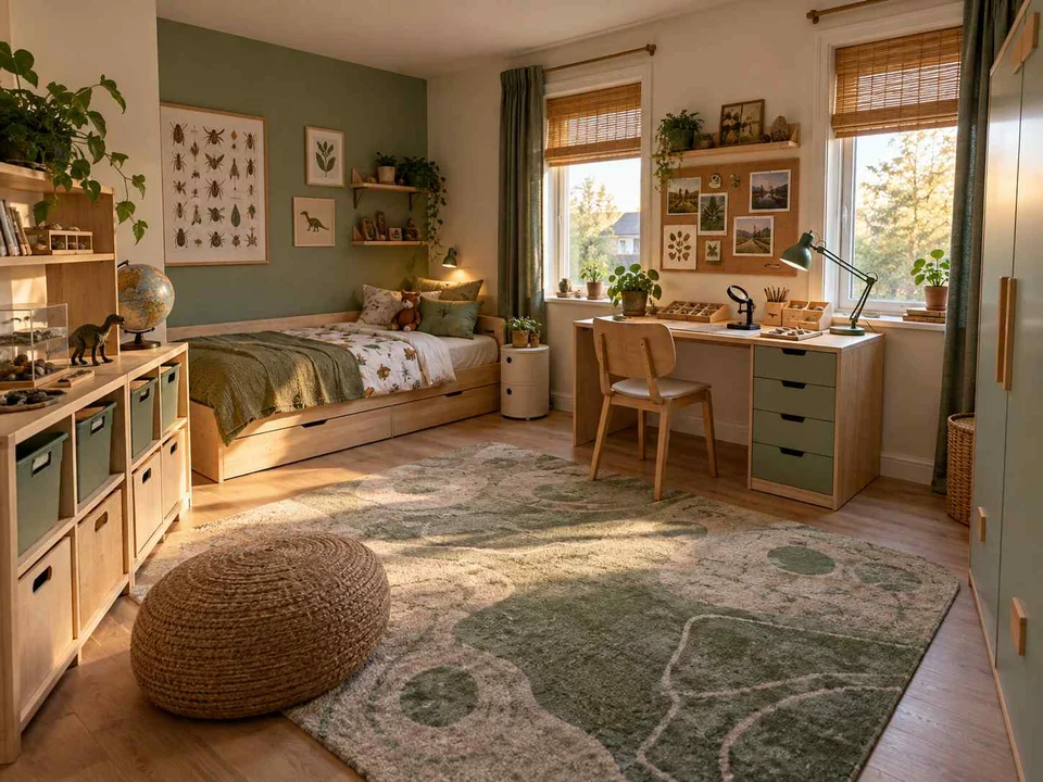 AI concept of a bedroom with a central rug and open floor space for play, with green furniture accents and nature-themed displays