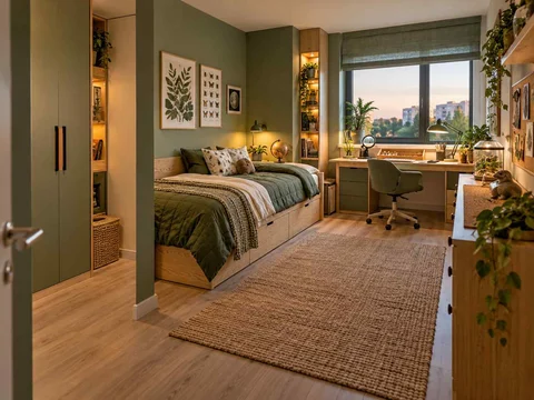 AI concept of a bedroom with a study desk and storage beside the sleeping area, with green furniture accents and nature-themed displays