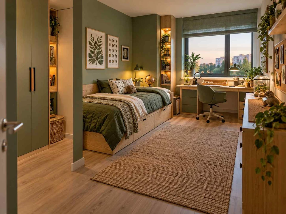 AI concept of a bedroom with a study desk and storage beside the sleeping area, with green furniture accents and nature-themed displays
