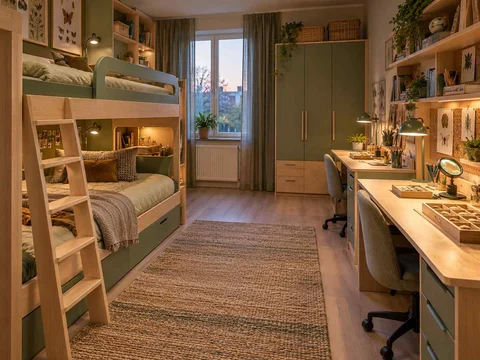 AI concept of bunk beds alongside study furniture and storage, with green furniture accents and nature-themed displays