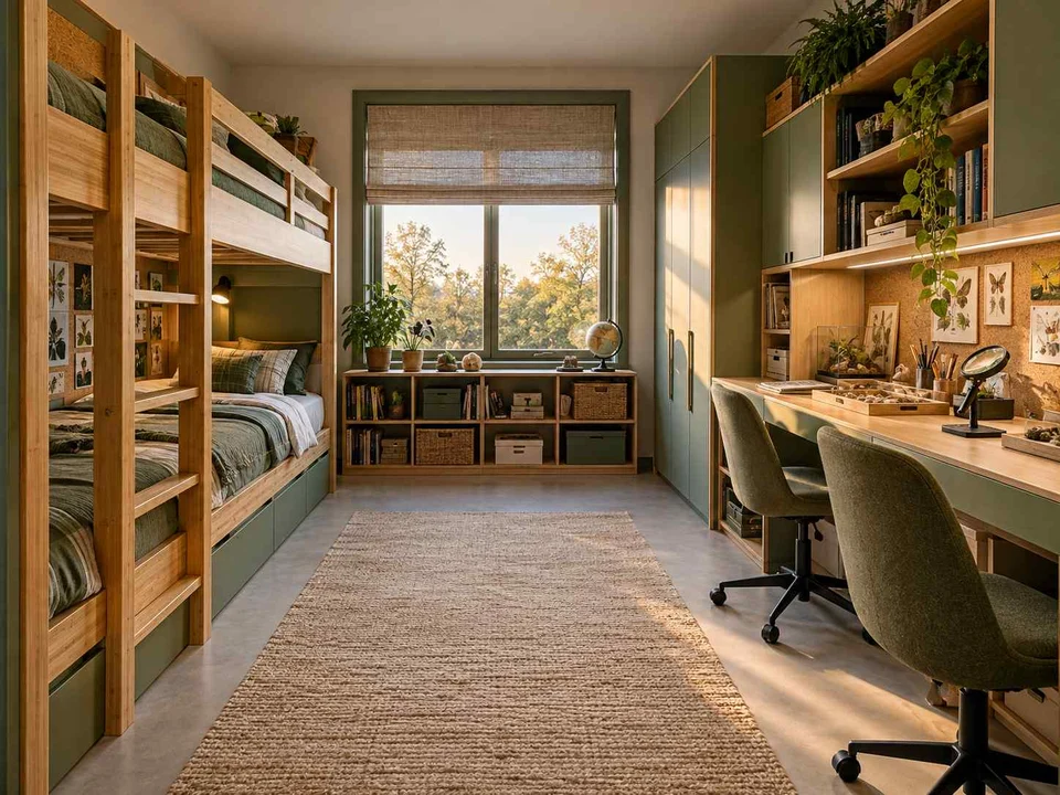 AI concept of bunk beds paired with bookshelves and study space, with green furniture accents and nature-themed displays