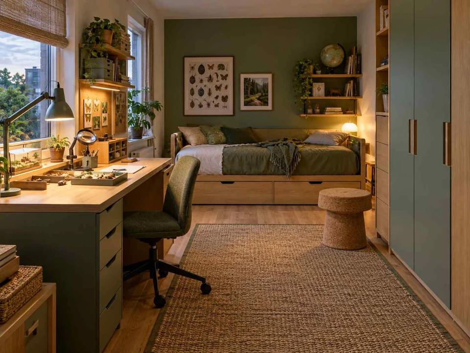 AI concept of a compact bedroom combining a bed, desk and storage, with green furniture accents and nature-themed displays