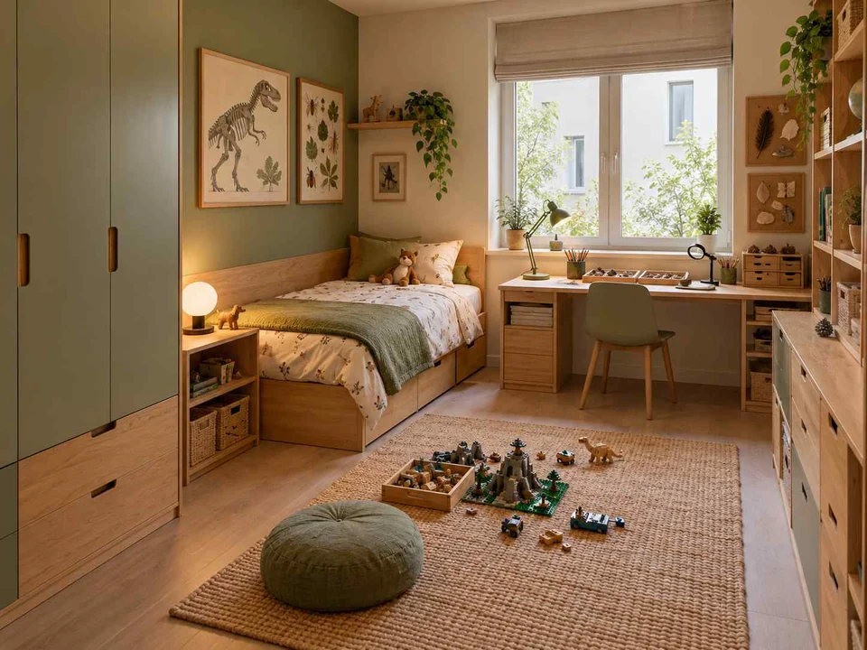 AI concept of a daylit bedroom with space for floor play, with green furniture accents and nature-themed displays