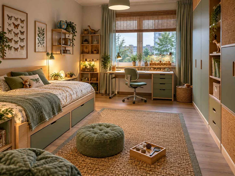 AI concept of a bedroom with a bed, study desk and open central floor space, with green furniture accents and nature-themed displays