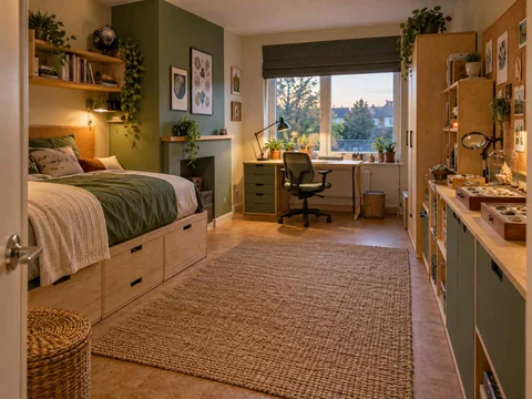 AI concept of a bedroom combining low storage with taller cabinetry or shelving, with green furniture accents and nature-themed displays