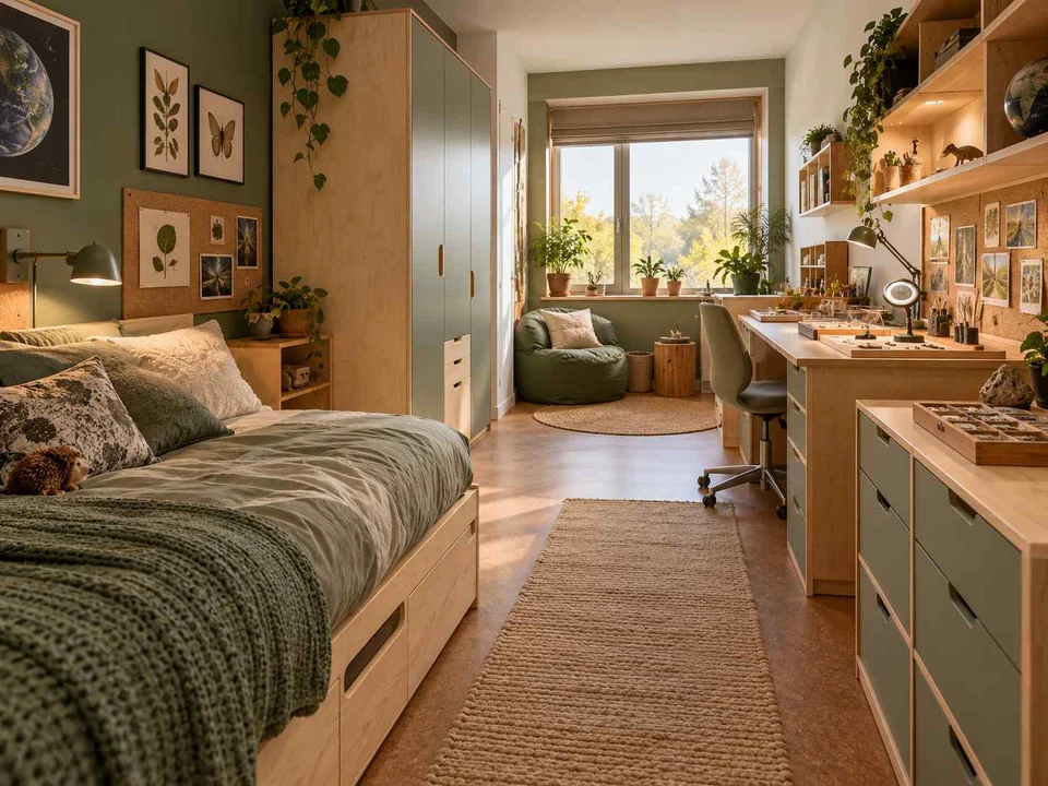 AI concept of a long bedroom with sleeping and study areas arranged along its length, with green furniture accents and nature-themed displays