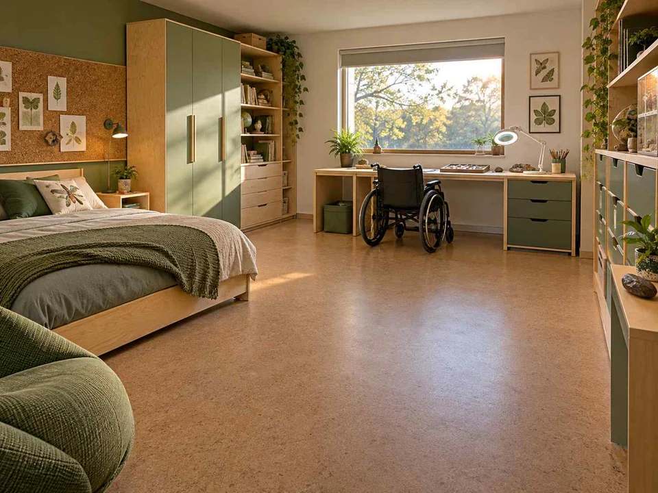 AI concept of a bedroom with an open central floor area and furniture arranged around its edges, with green furniture accents and nature-themed displays