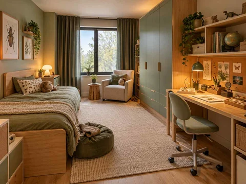 AI concept of a bedroom arranged around sleep, storage and a small sitting area, with green furniture accents and nature-themed displays