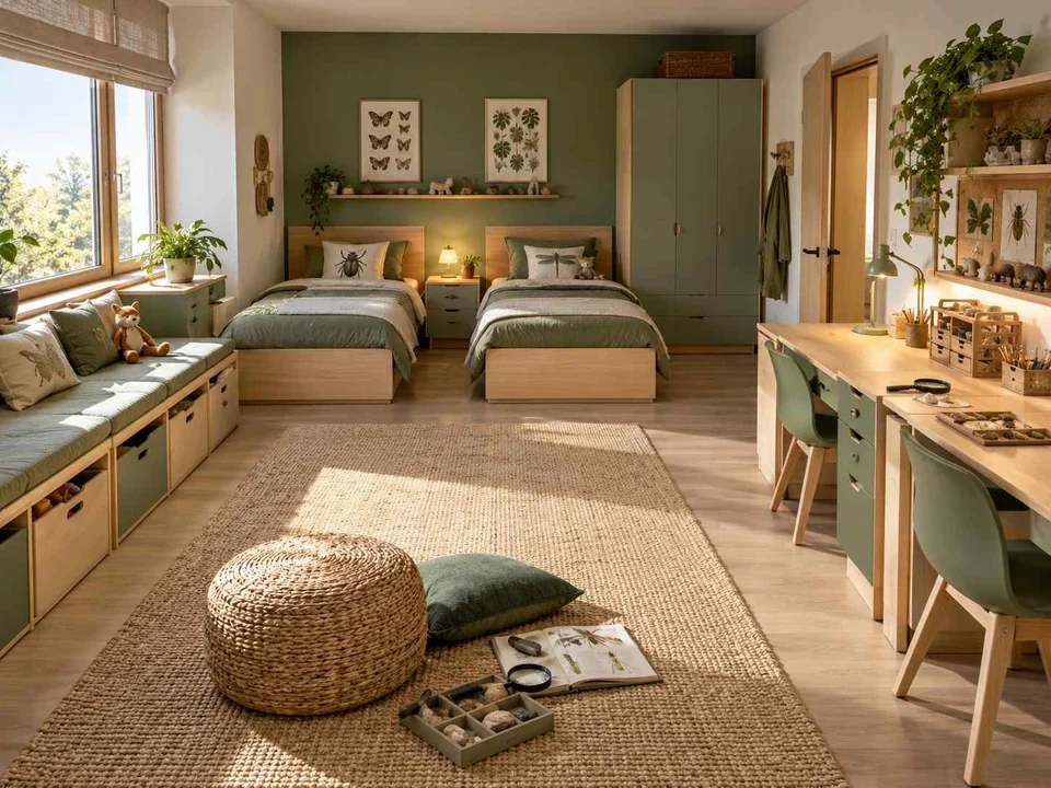 AI concept of a shared bedroom with twin sleeping areas and daylight from the window side, with green furniture accents and nature-themed displays