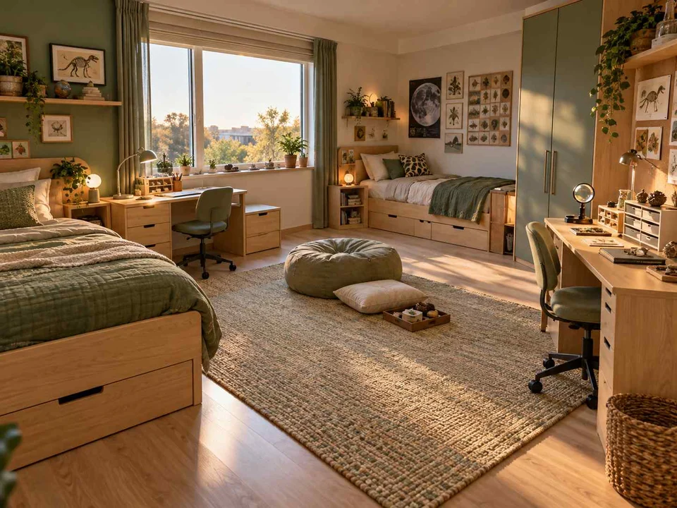 AI concept of a shared bedroom with two sleeping areas and desk space, with green furniture accents and nature-themed displays