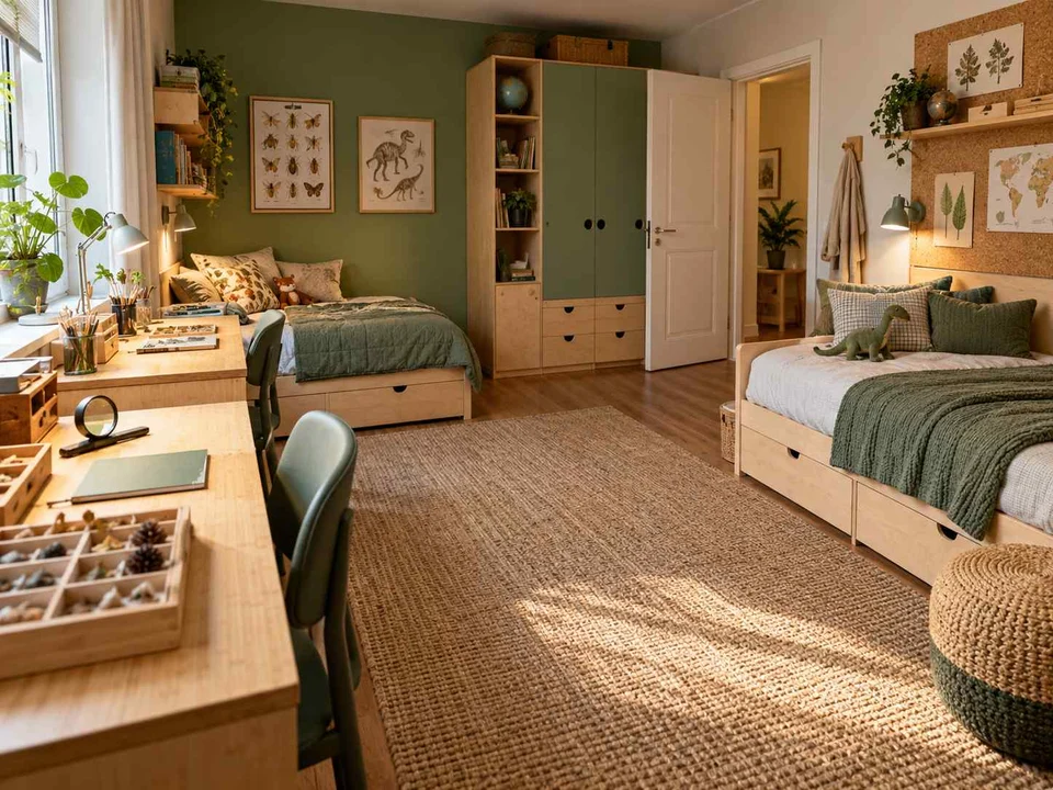 AI concept of two beds arranged around a shared central floor area, with green furniture accents and nature-themed displays