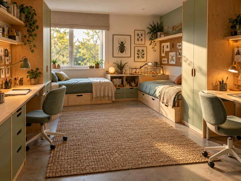 AI concept of a shared bedroom with two sleeping areas and study furniture, with green furniture accents and nature-themed displays