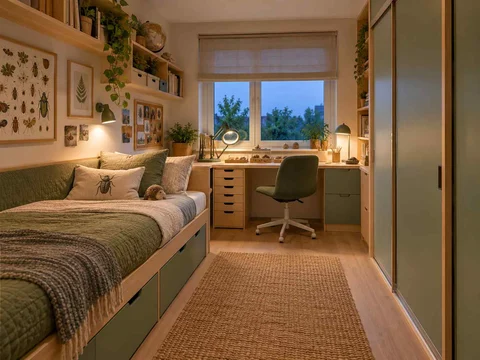 AI concept of a small bedroom with a bed, study furniture and integrated storage, with green furniture accents and nature-themed displays