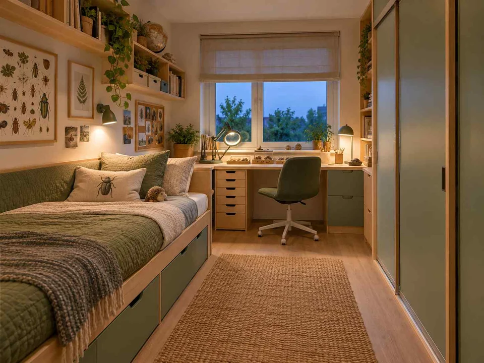 AI concept of a small bedroom with a bed, study furniture and integrated storage, with green furniture accents and nature-themed displays