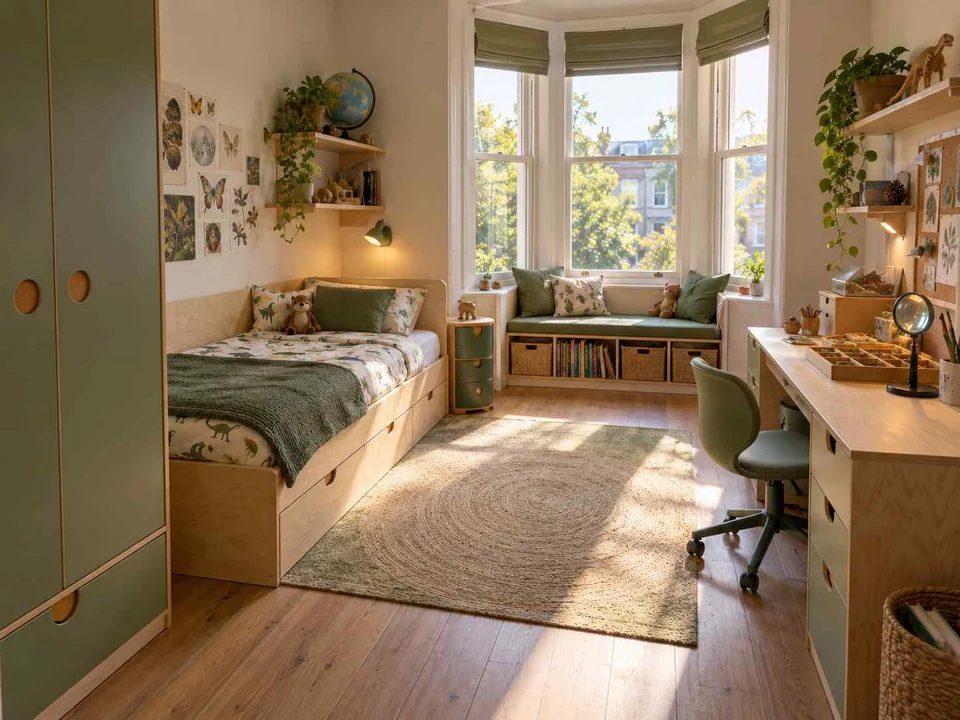 AI concept of a bedroom with a window-side seating area, with green furniture accents and nature-themed displays