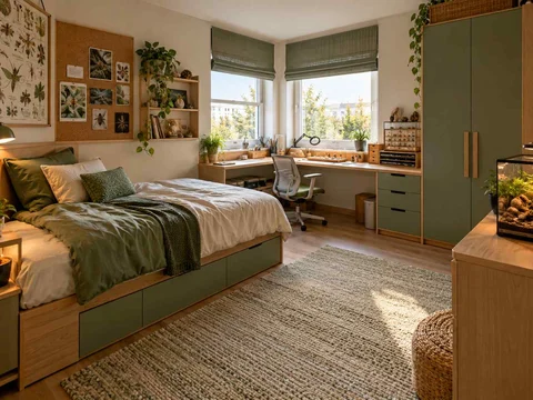 AI concept of a bedroom with a desk positioned near a window, with green furniture accents and nature-themed displays