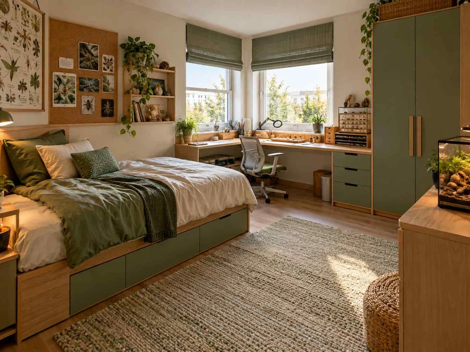 AI concept of a bedroom with a desk positioned near a window, with green furniture accents and nature-themed displays